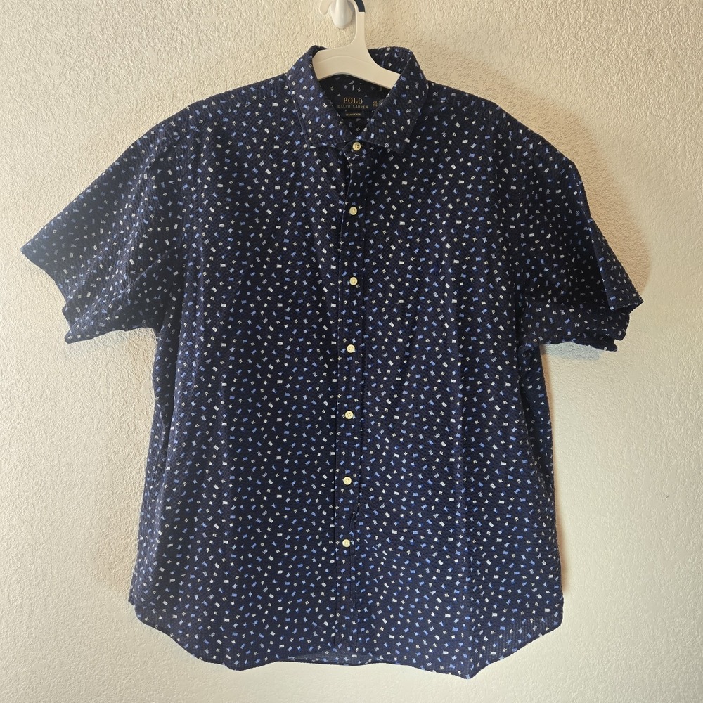 Polo Ralph Lauren Shirt Men's XXL Blue Flag Print Seersucker Button Up
